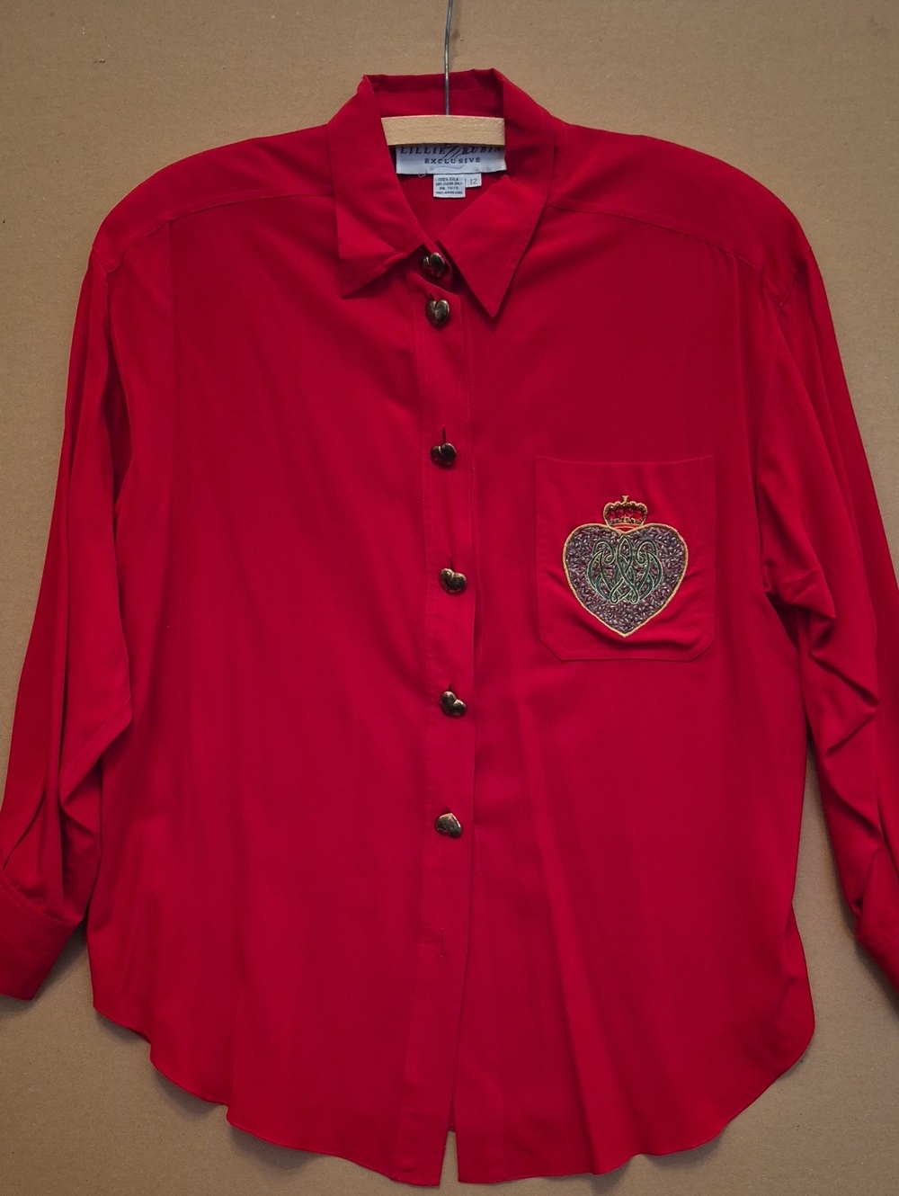 Vintage Lillie Rubin Embroidered Silk Blouse 12 Beaded Crest Button Top fits M/L